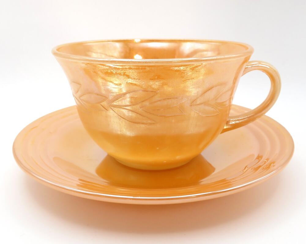 Vintage Fire King Peach Lustre Laurel Leaf Cup Saucer Set Anchor Hocking USA